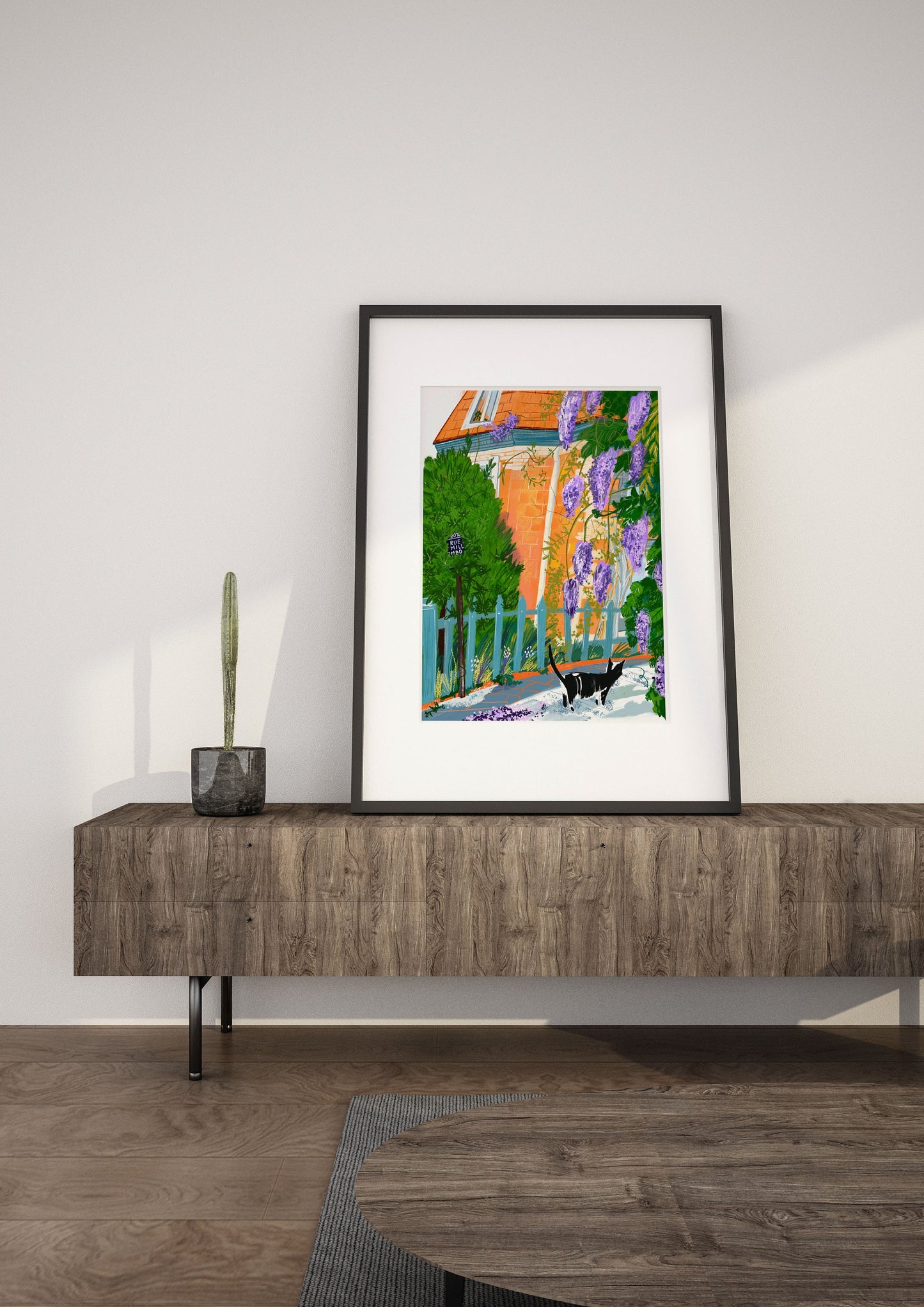 Paris Village Print: Purple Wisteria, Parisian Cat (A4)