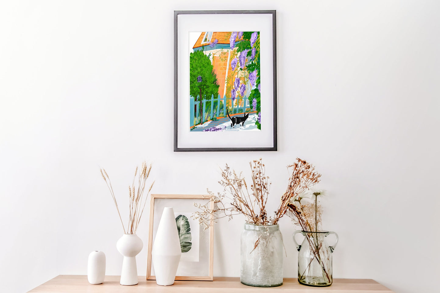 Paris Village Print: Purple Wisteria, Parisian Cat (A4)