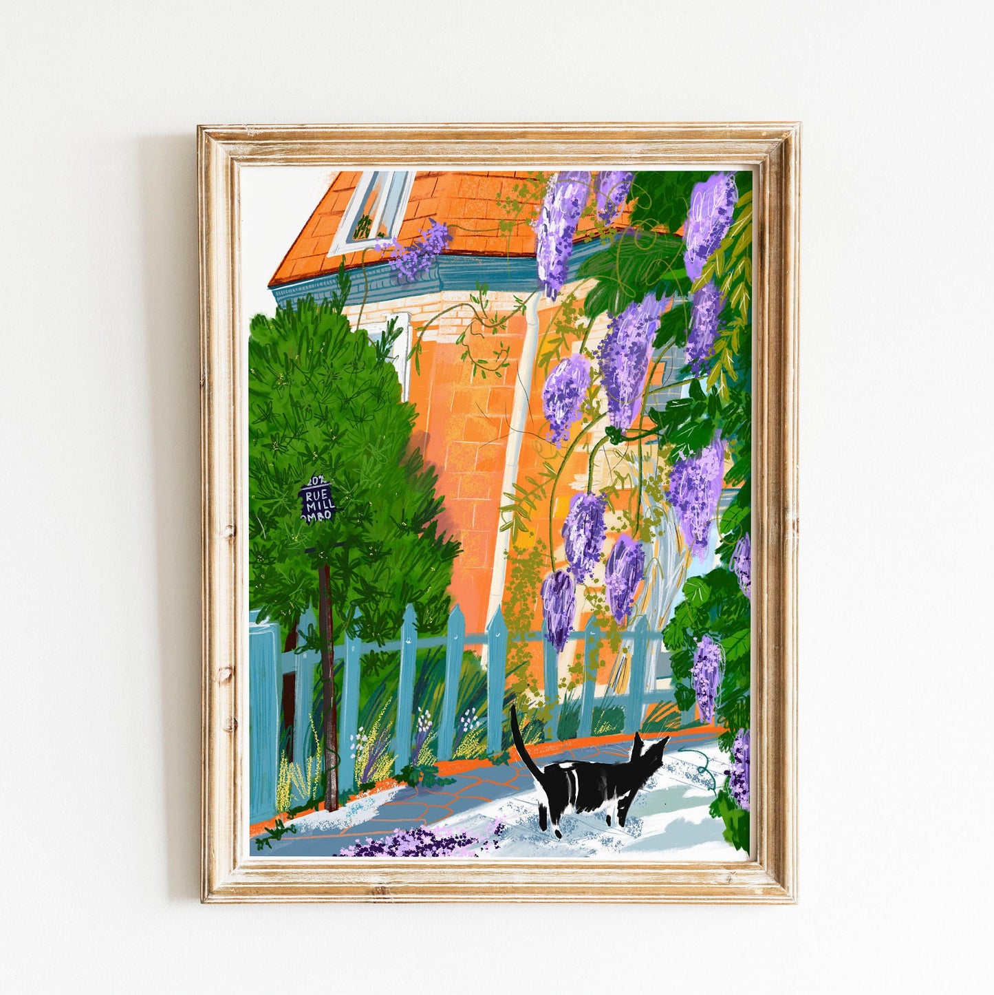 Paris Village Print: Purple Wisteria, Parisian Cat (A4)