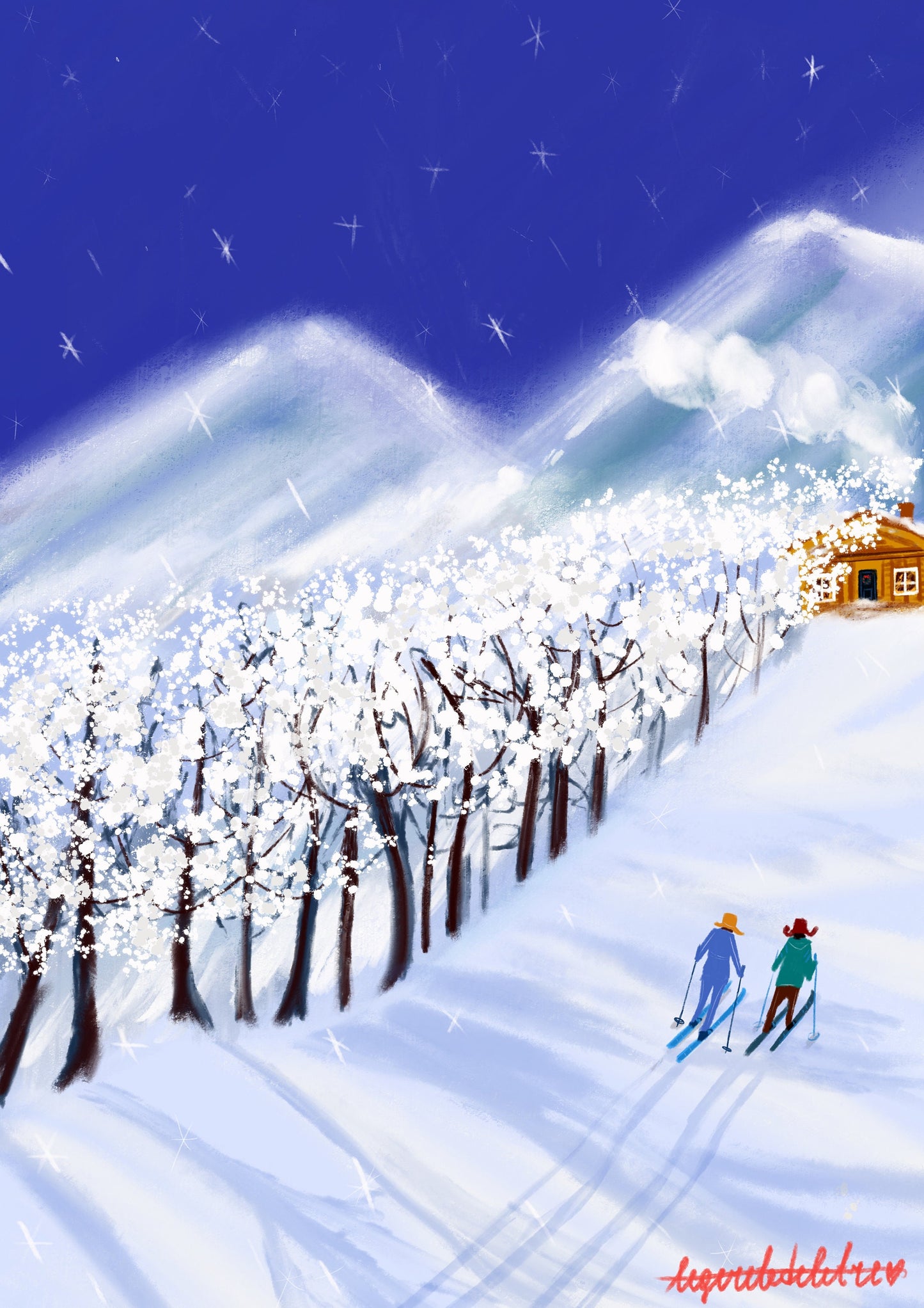 Printable Christmas Card: Skiing Couple New Year Postcard (PDF)