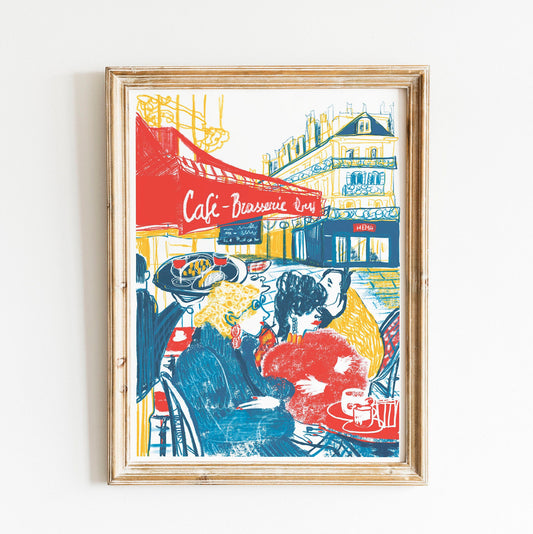 Parisian Cafe Print: Colorful Terrace Scene, Urban Lifestyle