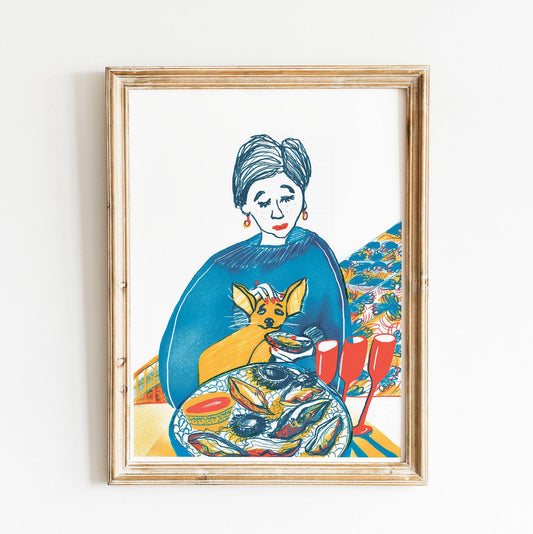 Lady and Dog Pet Prints / Portrait Female with Oyster Food Art / Lady & Small Dog with Oysters