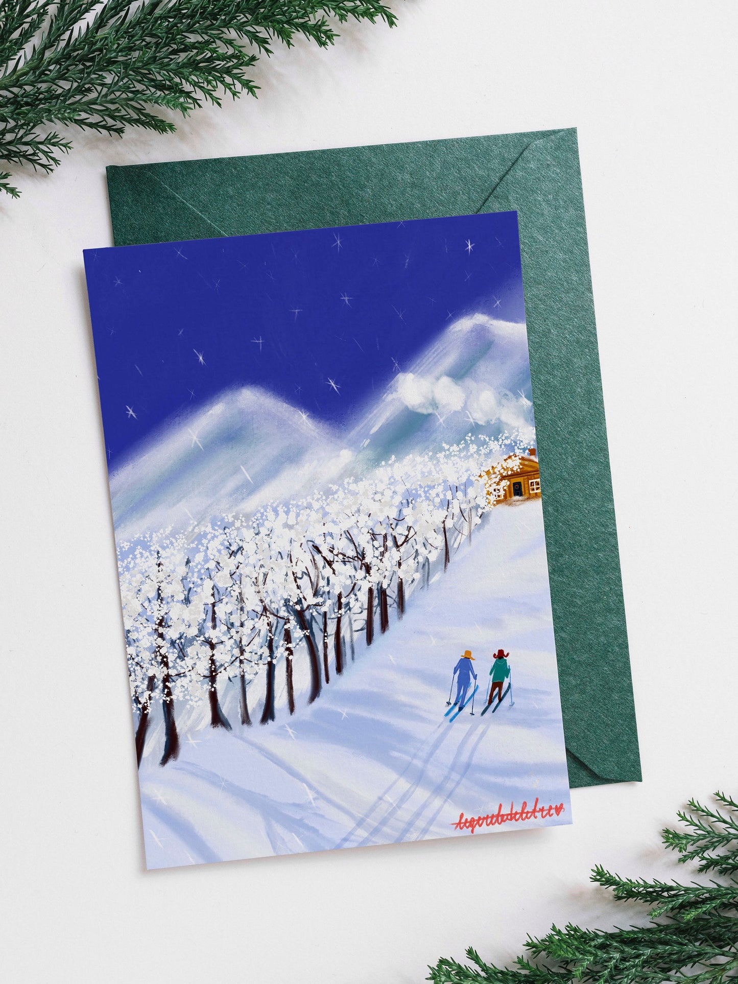Printable Christmas Card: Skiing Couple New Year Postcard (PDF)