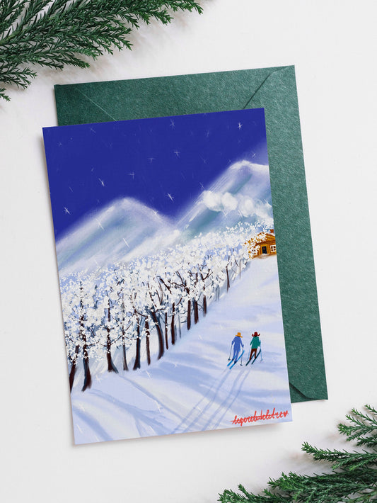 Printable Christmas Card: Skiing Couple New Year Postcard (PDF)