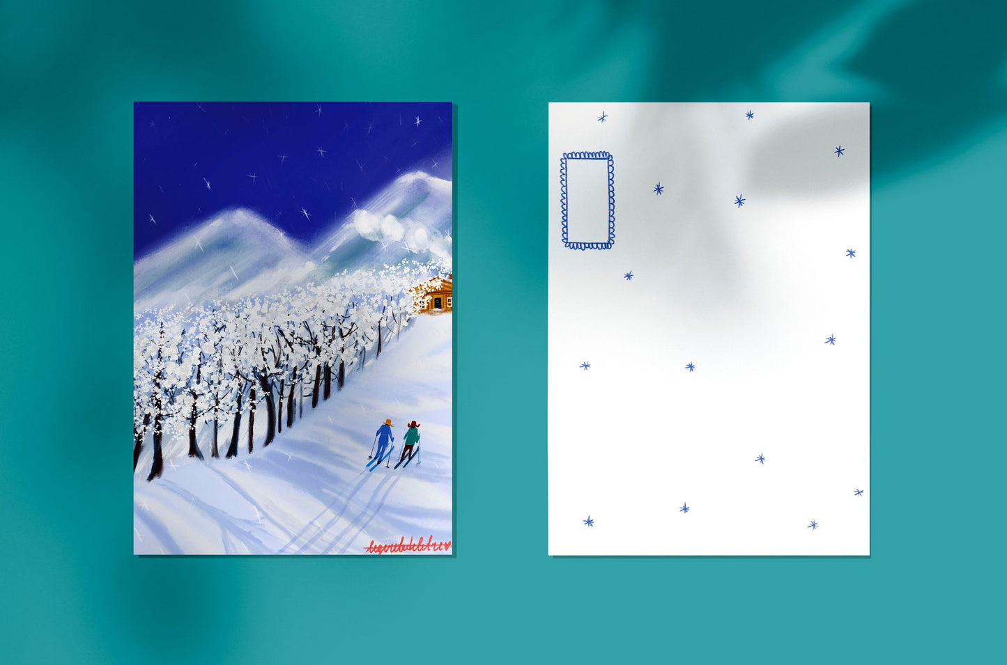 Printable Christmas Card: Skiing Couple New Year Postcard (PDF)