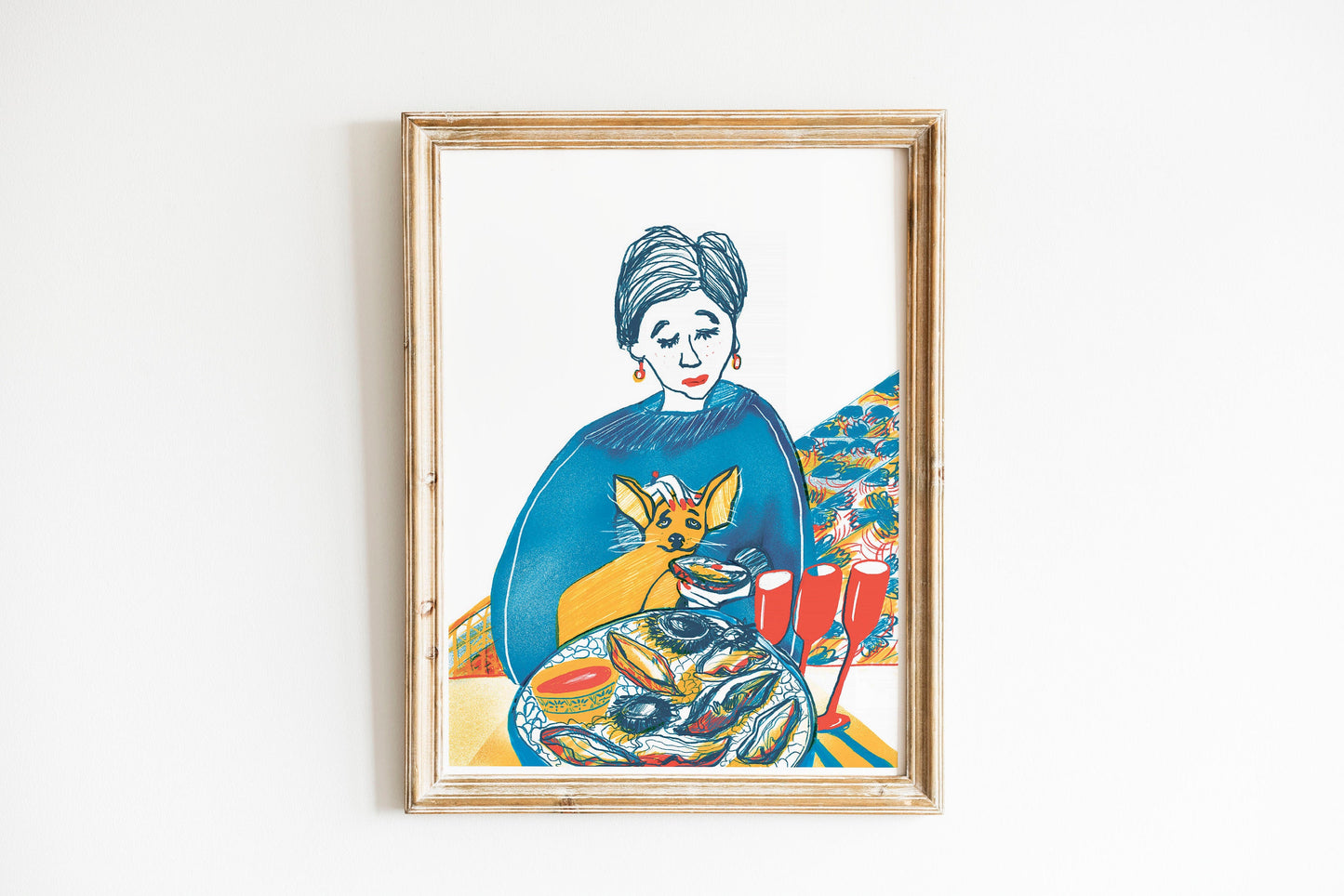 Lady and Dog Pet Prints / Portrait Female with Oyster Food Art / Lady & Small Dog with Oysters