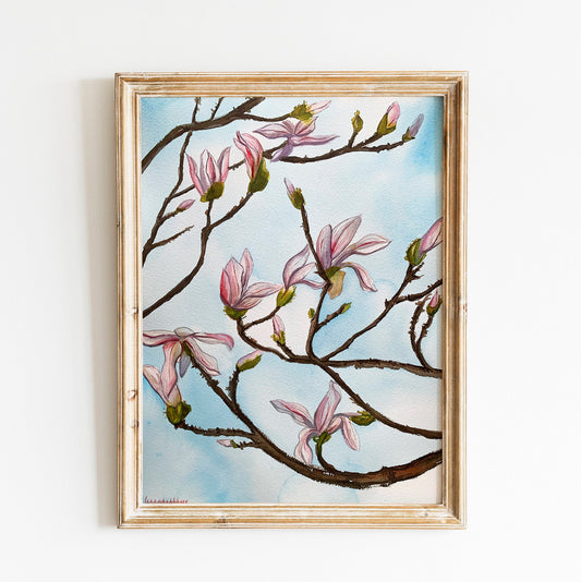 Original Pink Magnolia Watercolor Painting: Minimalist Floral Art