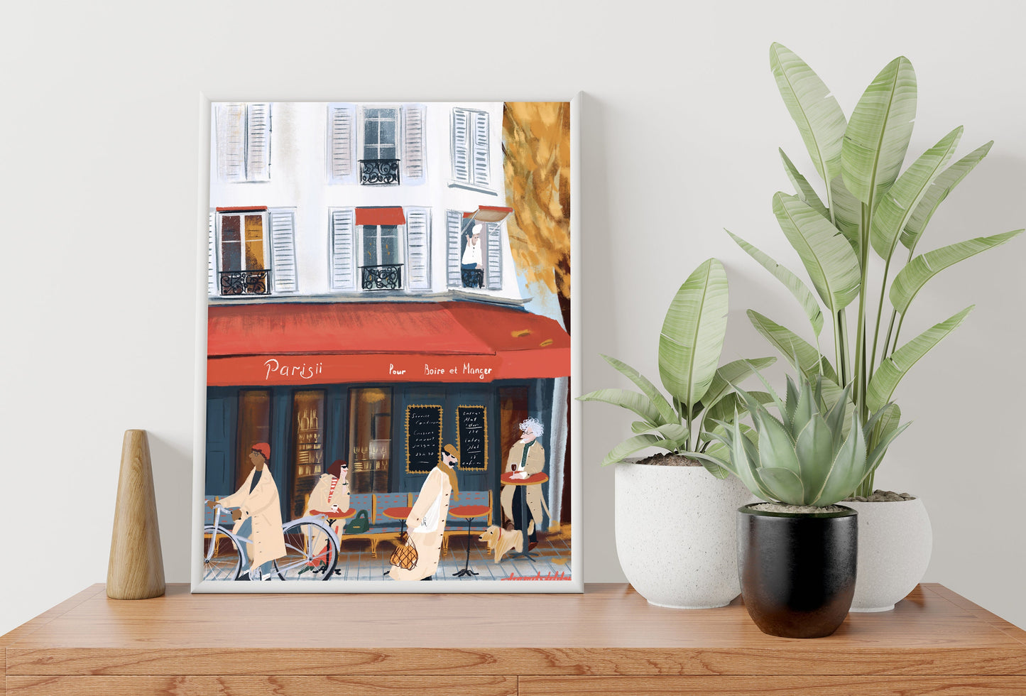Paris Cafe Art Print: French Trench Coat Fashion Illustration
