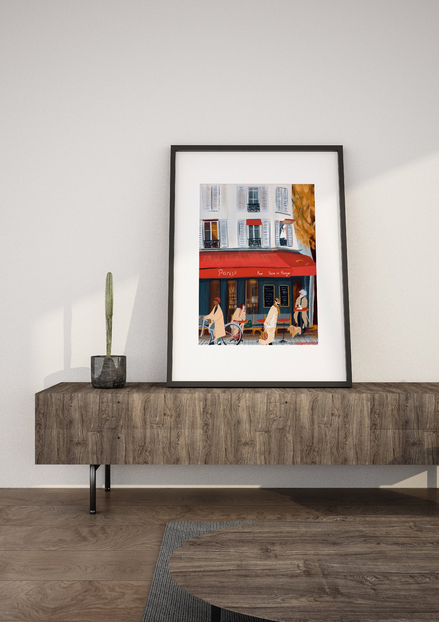 Paris Cafe Art Print: French Trench Coat Fashion Illustration