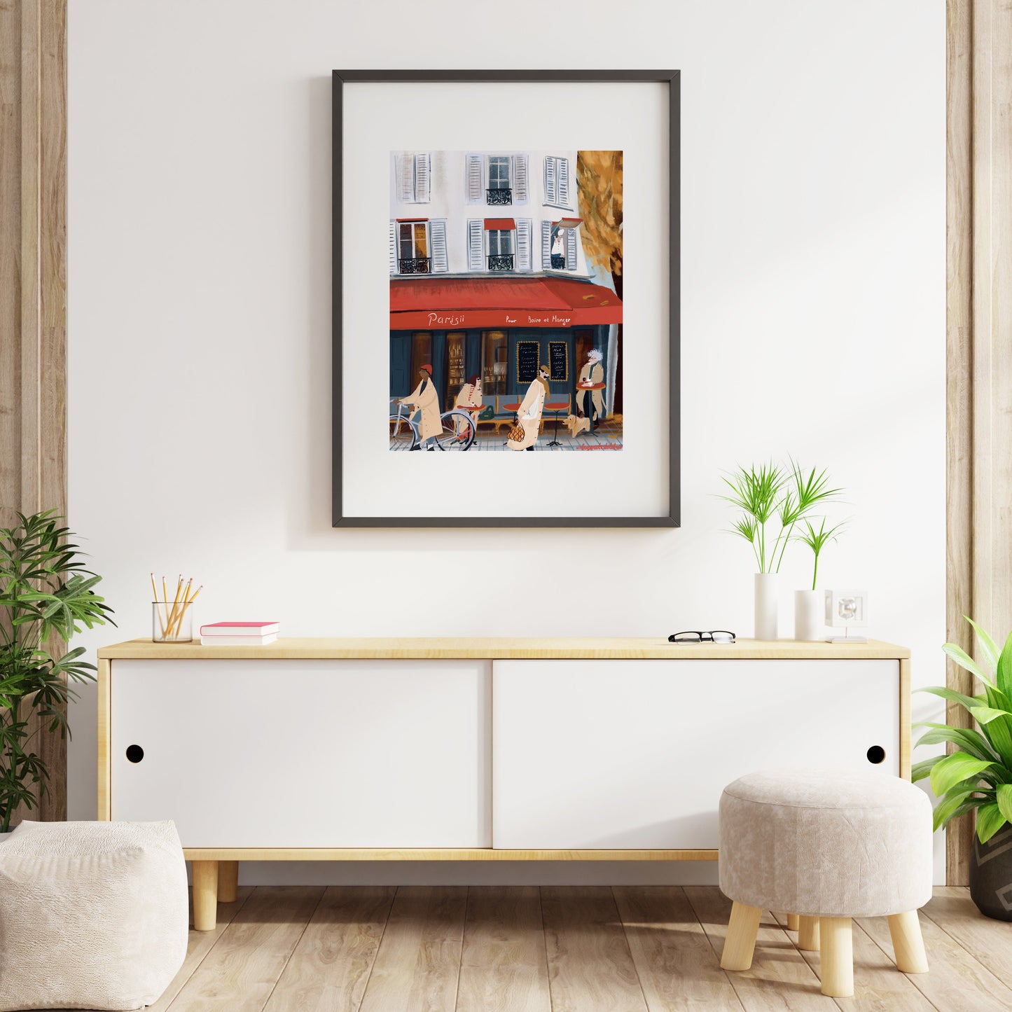 Paris Cafe Art Print: French Trench Coat Fashion Illustration