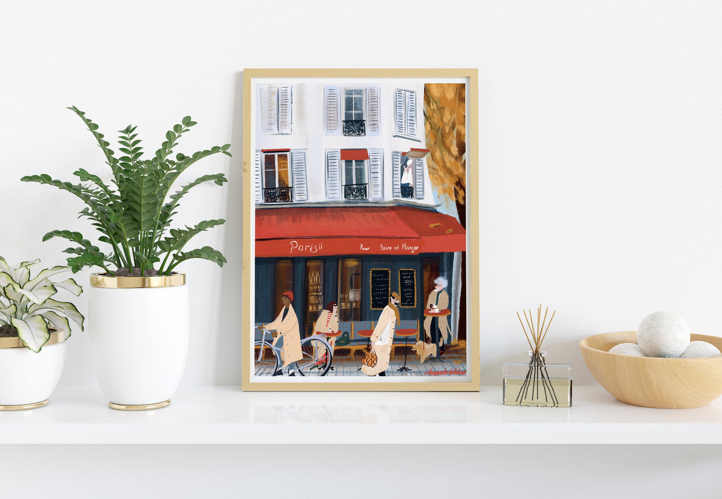 Paris Cafe Art Print: French Trench Coat Fashion Illustration