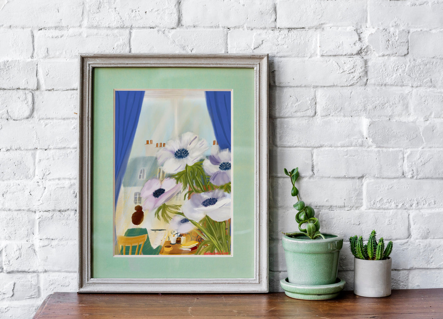 Anemone Flowers Art Print: Parisian Window View Illustration
