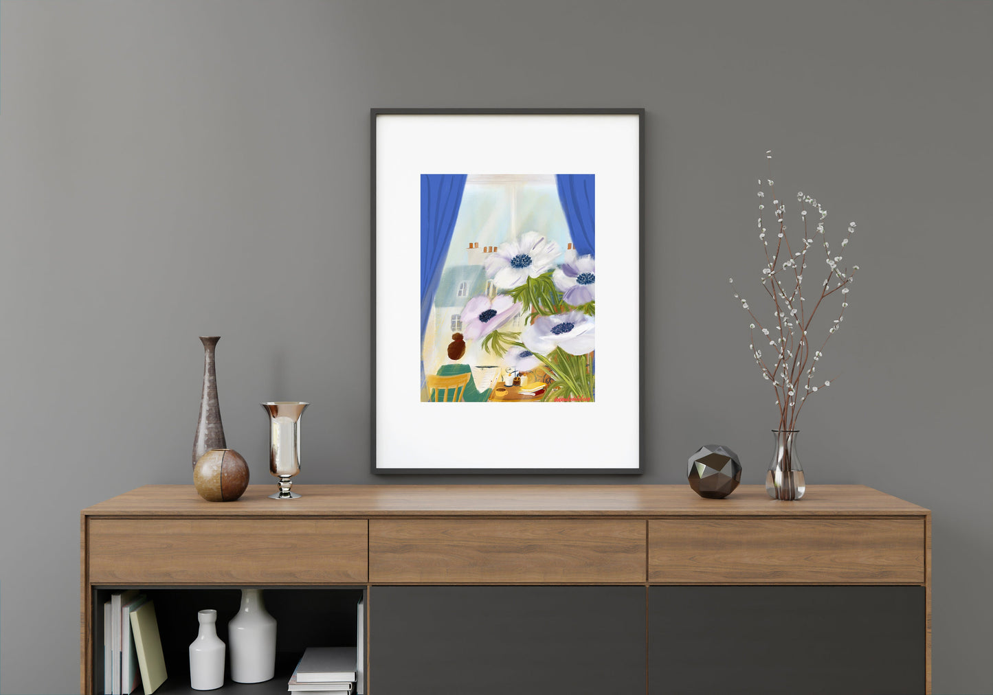 Anemone Flowers Art Print: Parisian Window View Illustration