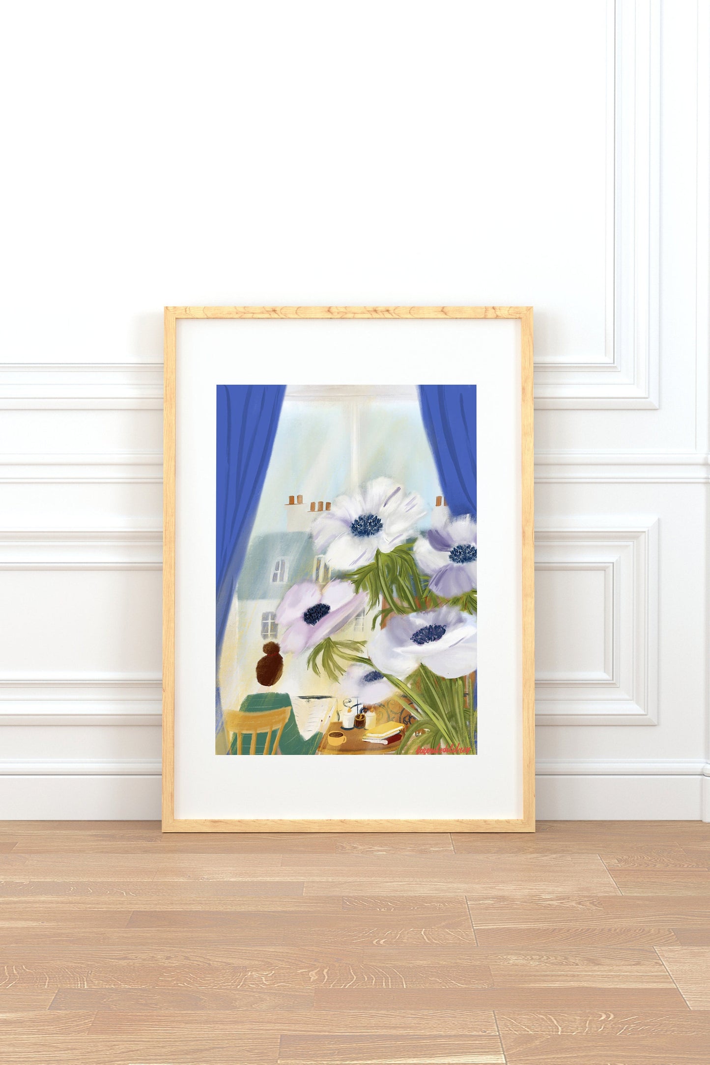 Anemone Flowers Art Print: Parisian Window View Illustration