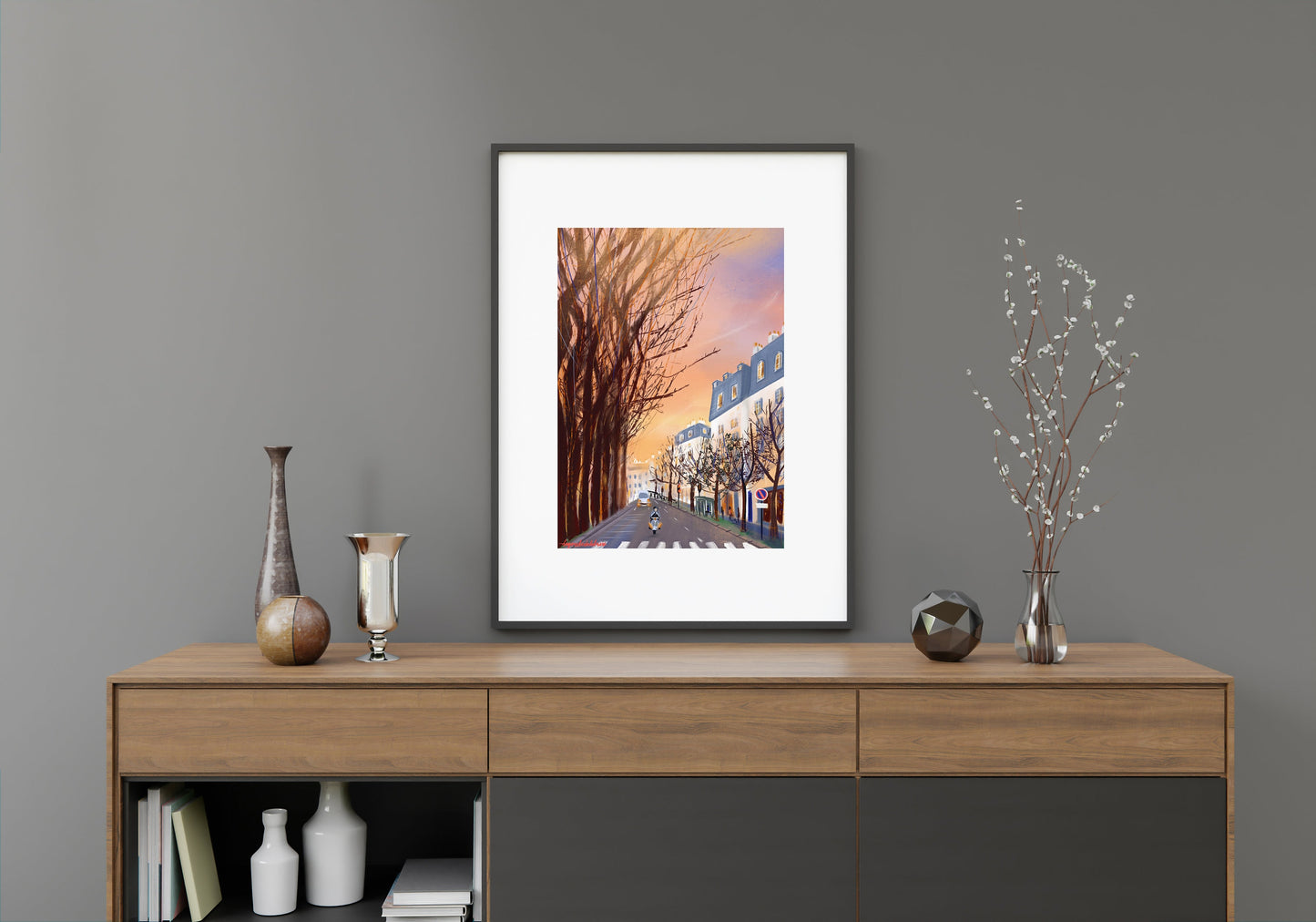 Paris Winter Sunset Art Print: Parisian Street Scene