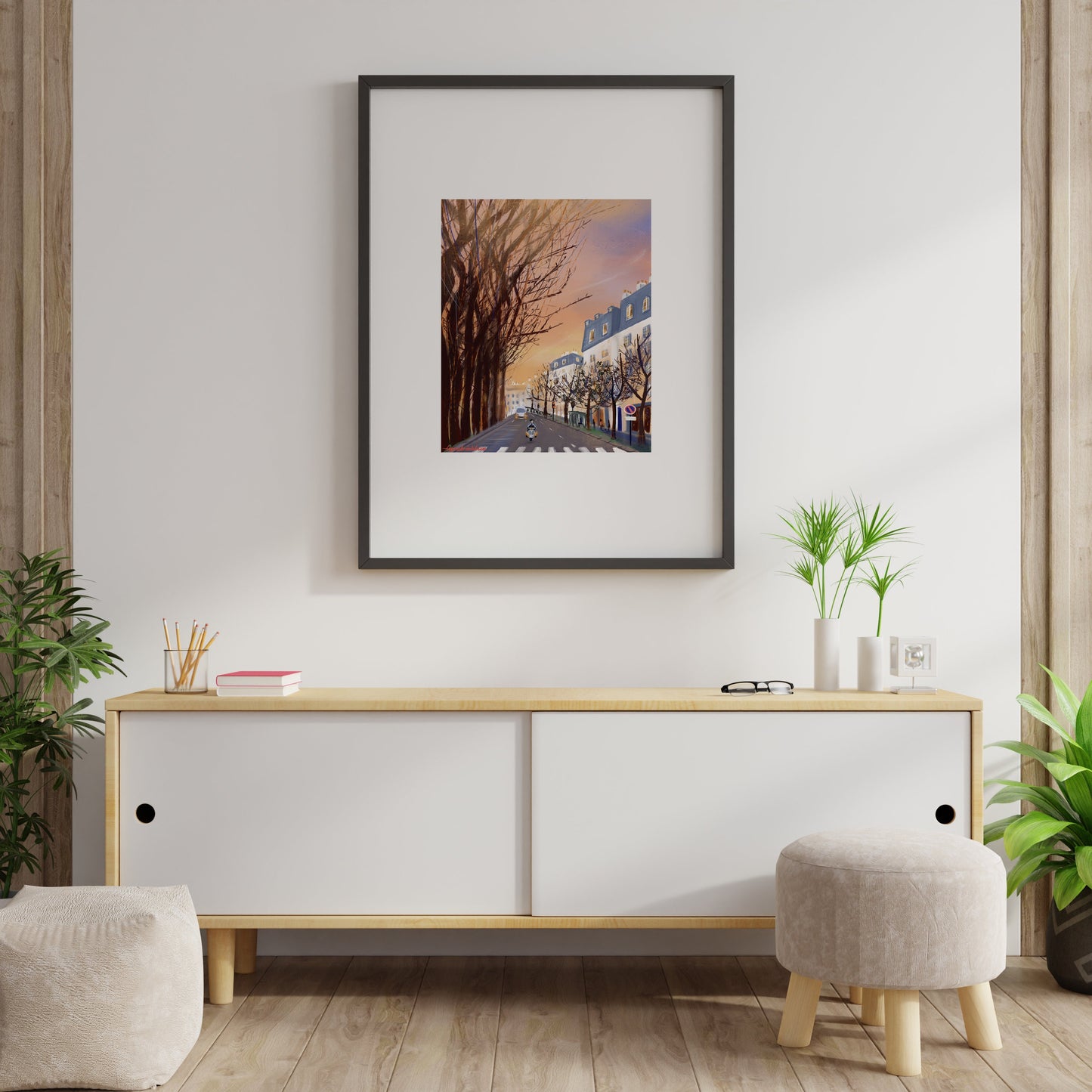 Paris Winter Sunset Art Print: Parisian Street Scene