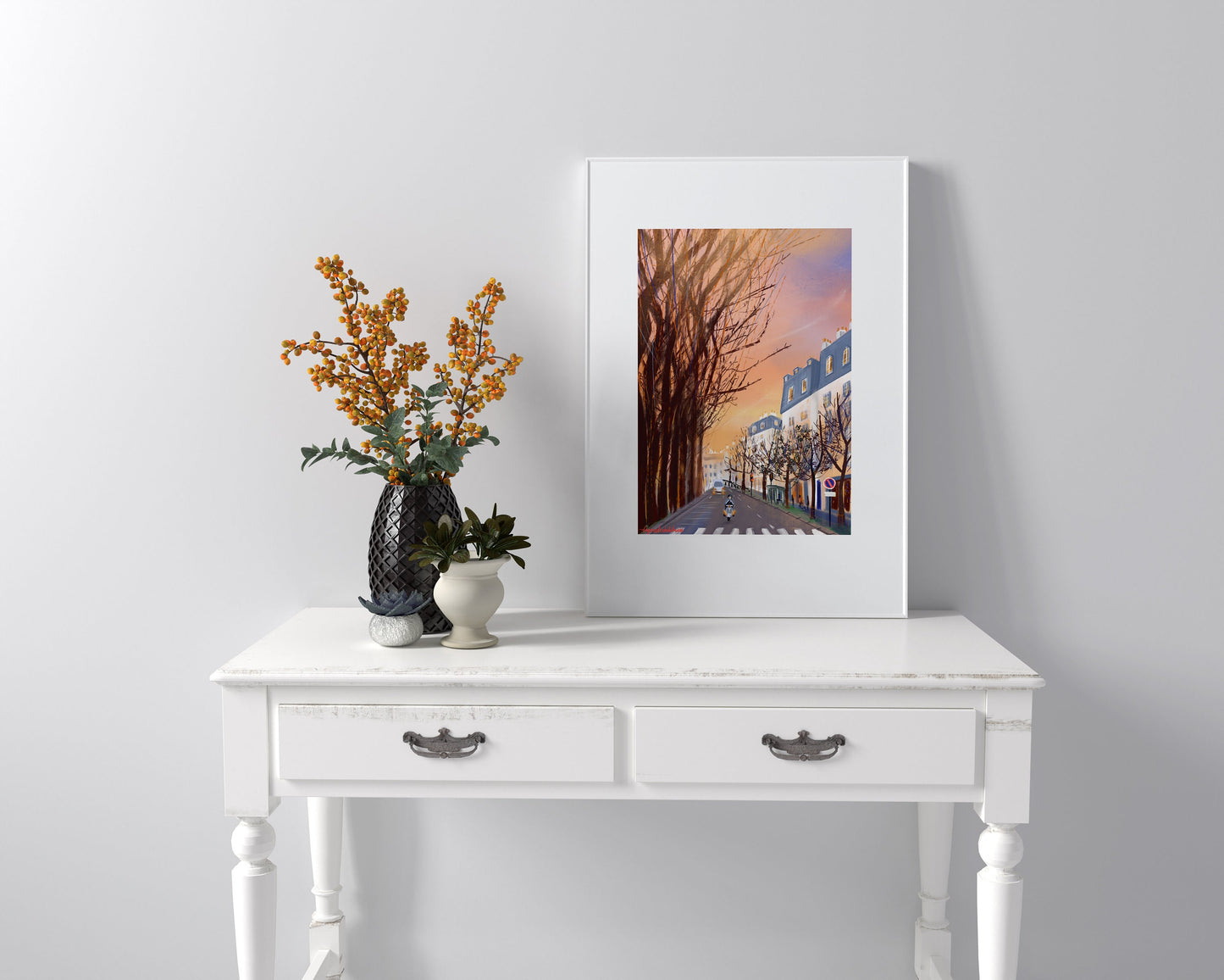 Paris Winter Sunset Art Print: Parisian Street Scene