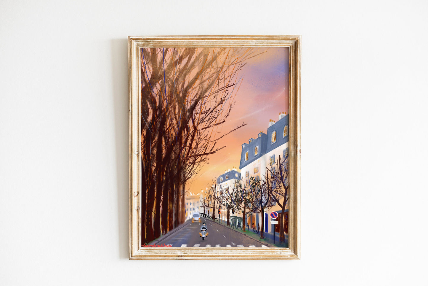 Paris Winter Sunset Art Print: Parisian Street Scene