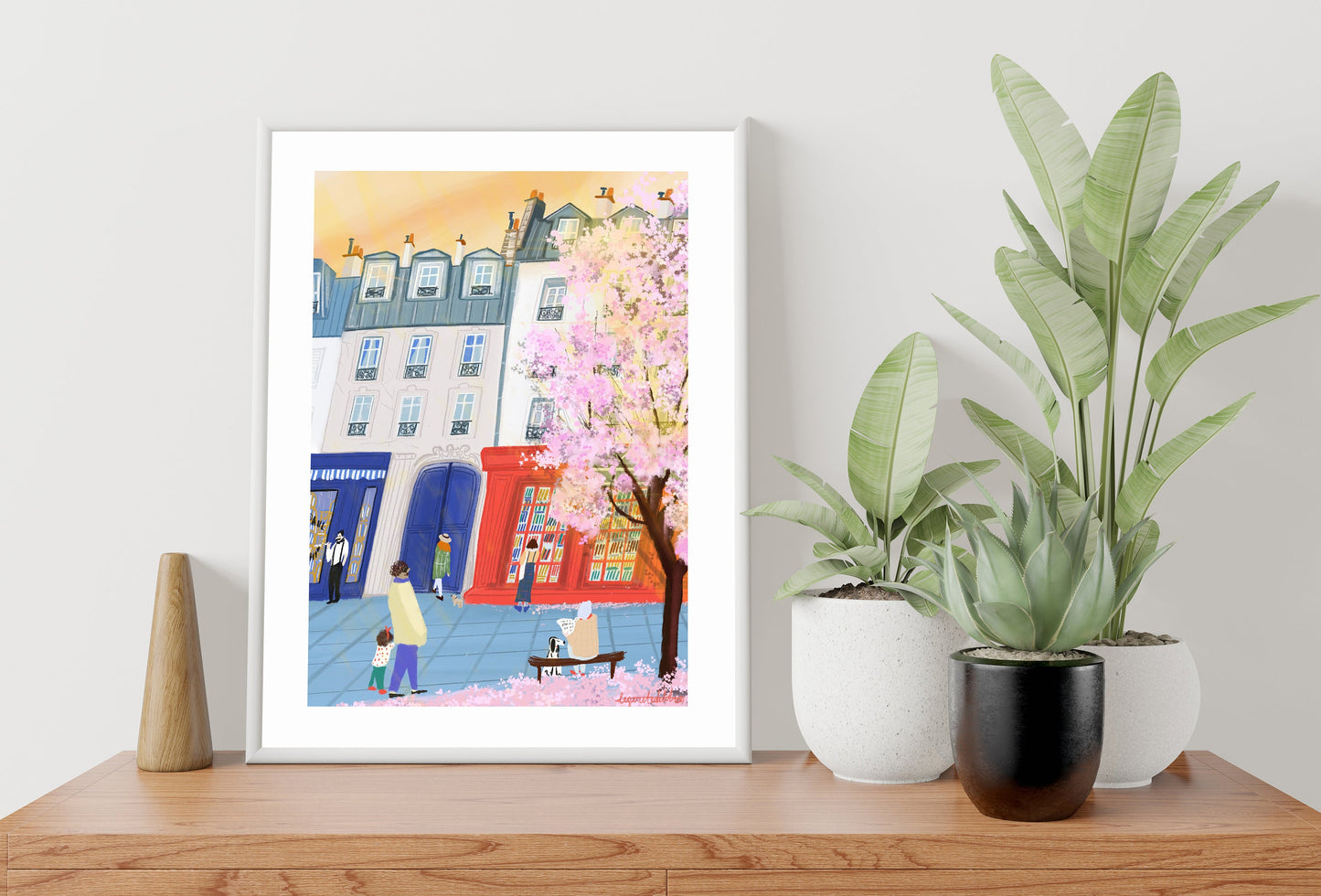 Paris Bookshop Art Print: Spring Blossoms, Golden Sunset