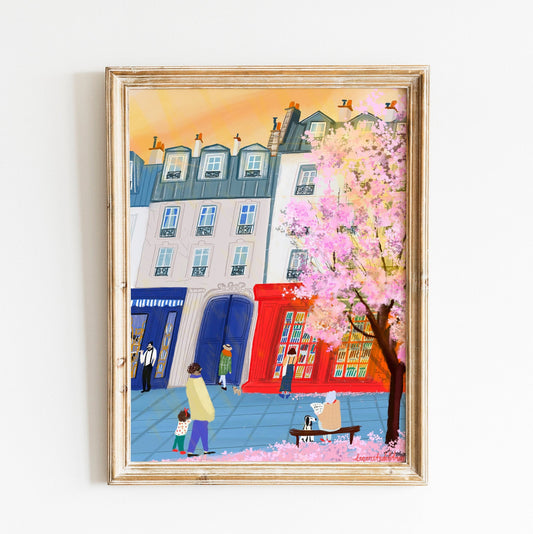 Paris Bookshop Art Print: Spring Blossoms, Golden Sunset