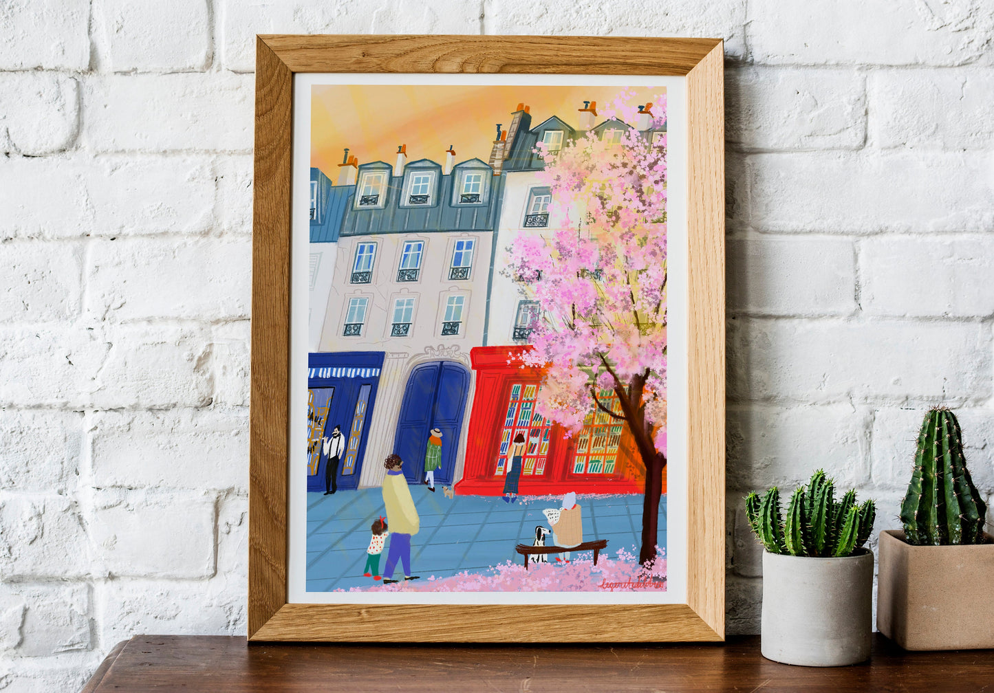 Paris Bookshop Art Print: Spring Blossoms, Golden Sunset