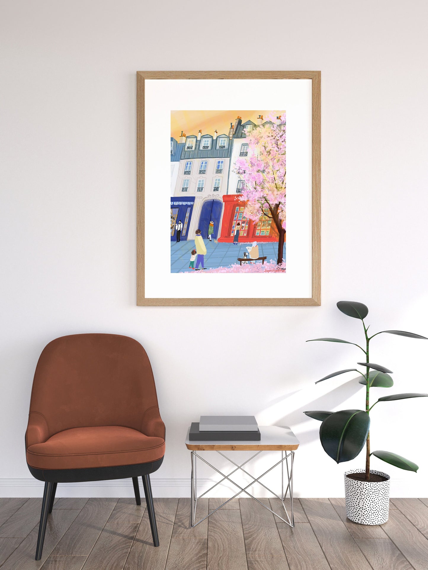 Paris Bookshop Art Print: Spring Blossoms, Golden Sunset