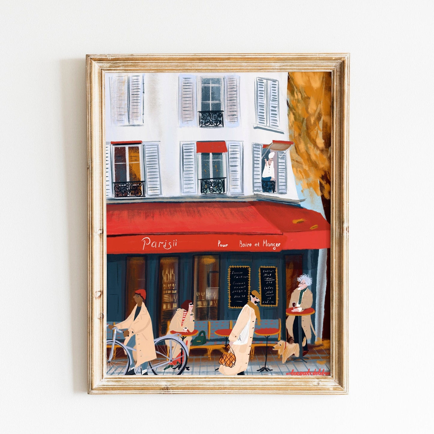 Paris Cafe Art Print: French Trench Coat Fashion Illustration