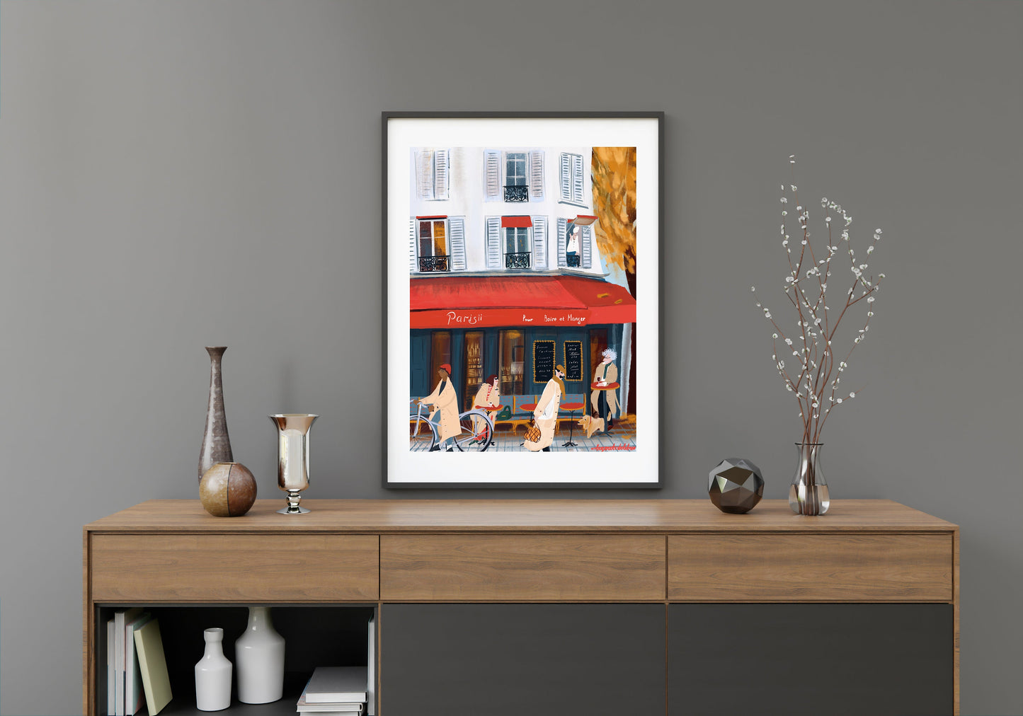 Paris Cafe Art Print: French Trench Coat Fashion Illustration