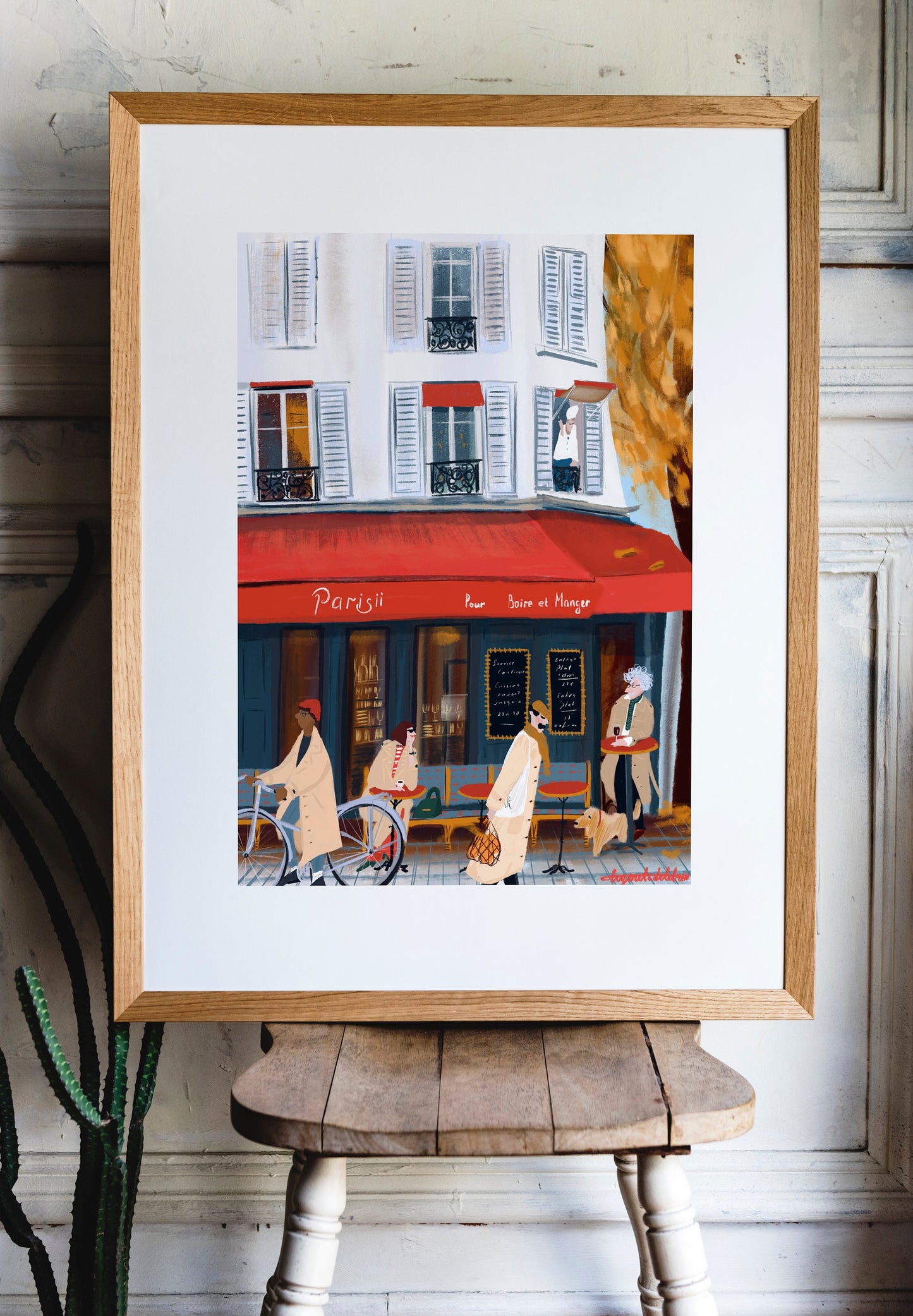 Paris Cafe Art Print: French Trench Coat Fashion Illustration