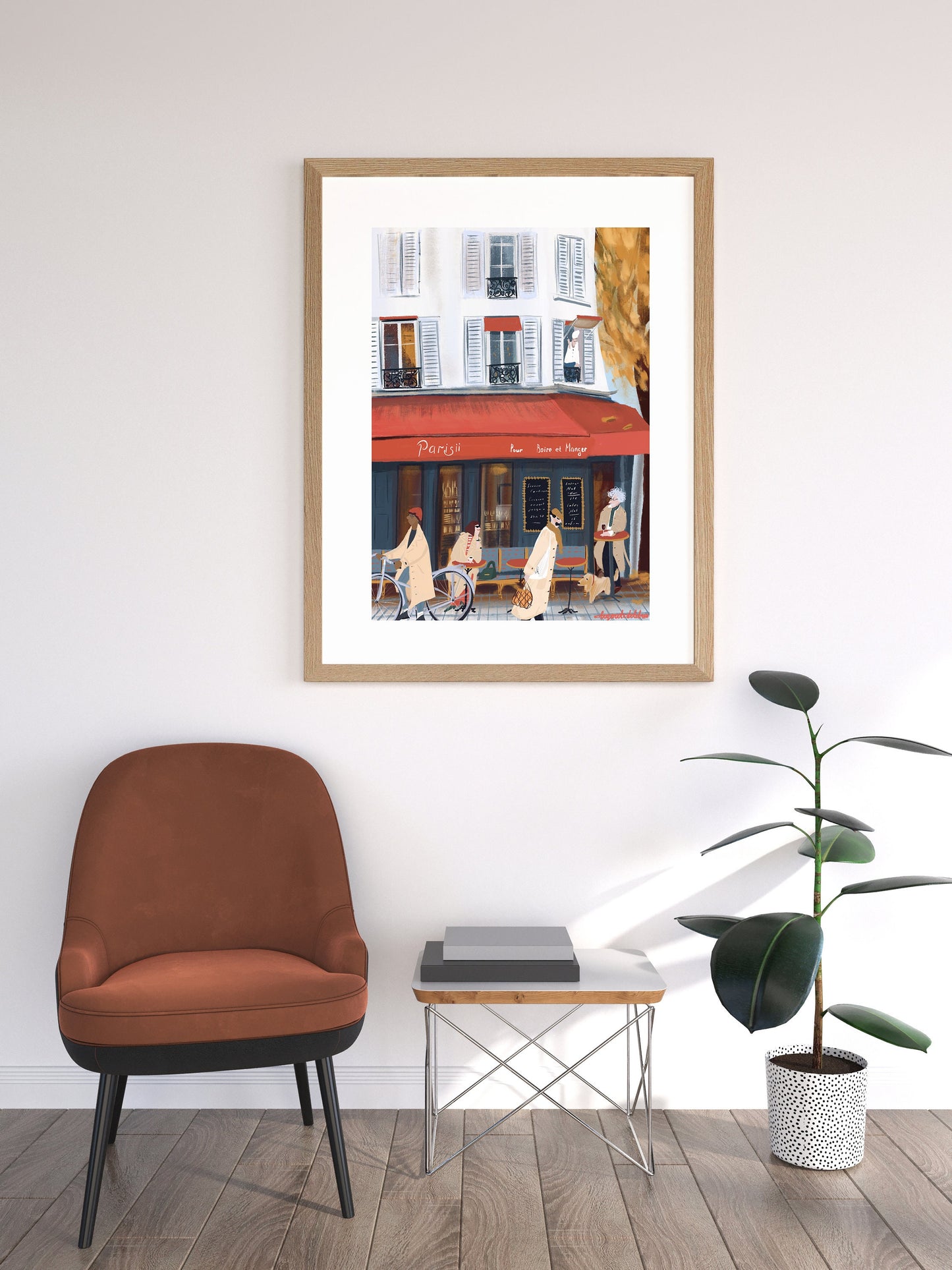 Paris Cafe Art Print: French Trench Coat Fashion Illustration