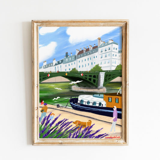 Seine River Art Print: Parisian Riverside Walk Illustration