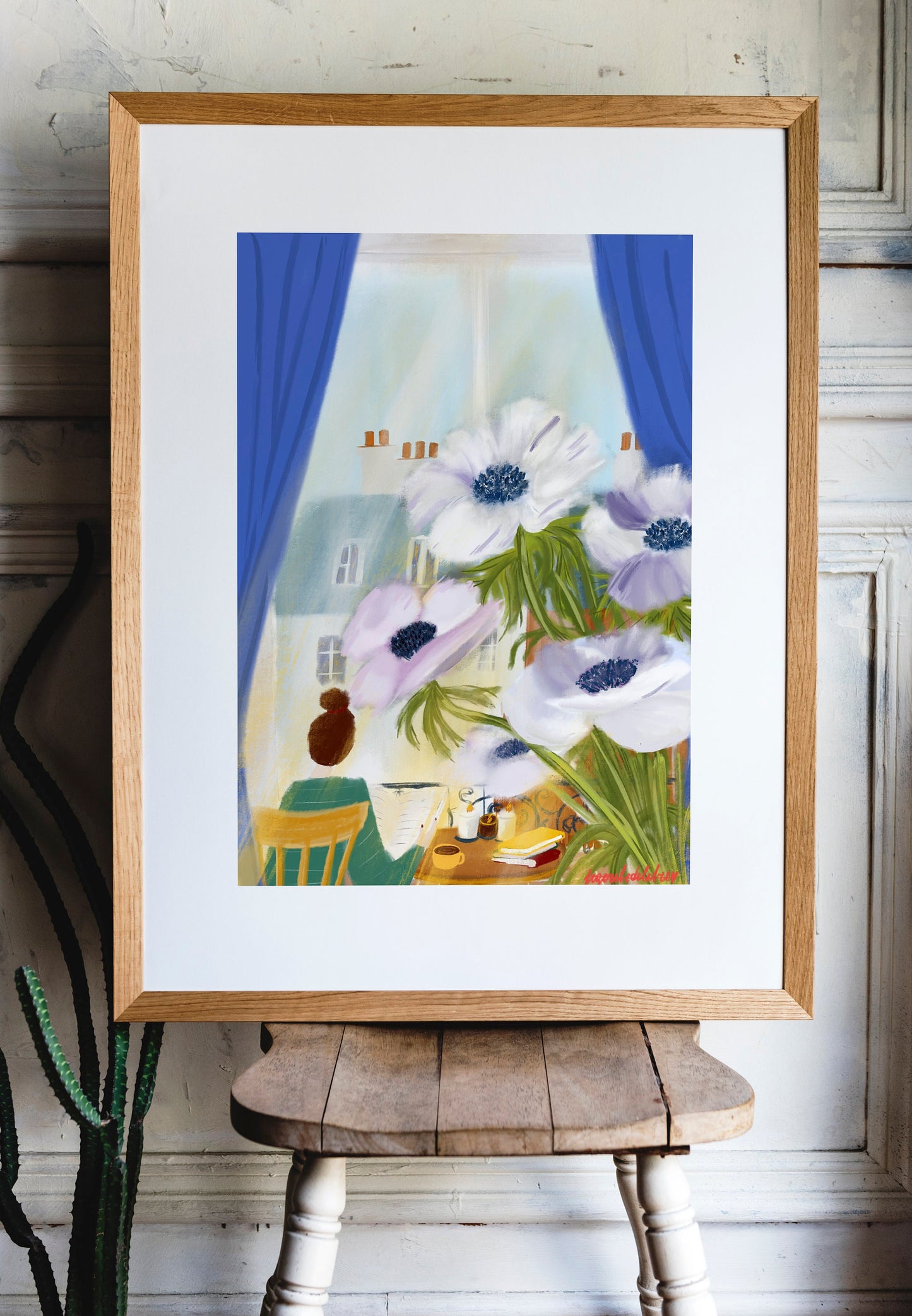Anemone Flowers Art Print: Parisian Window View Illustration