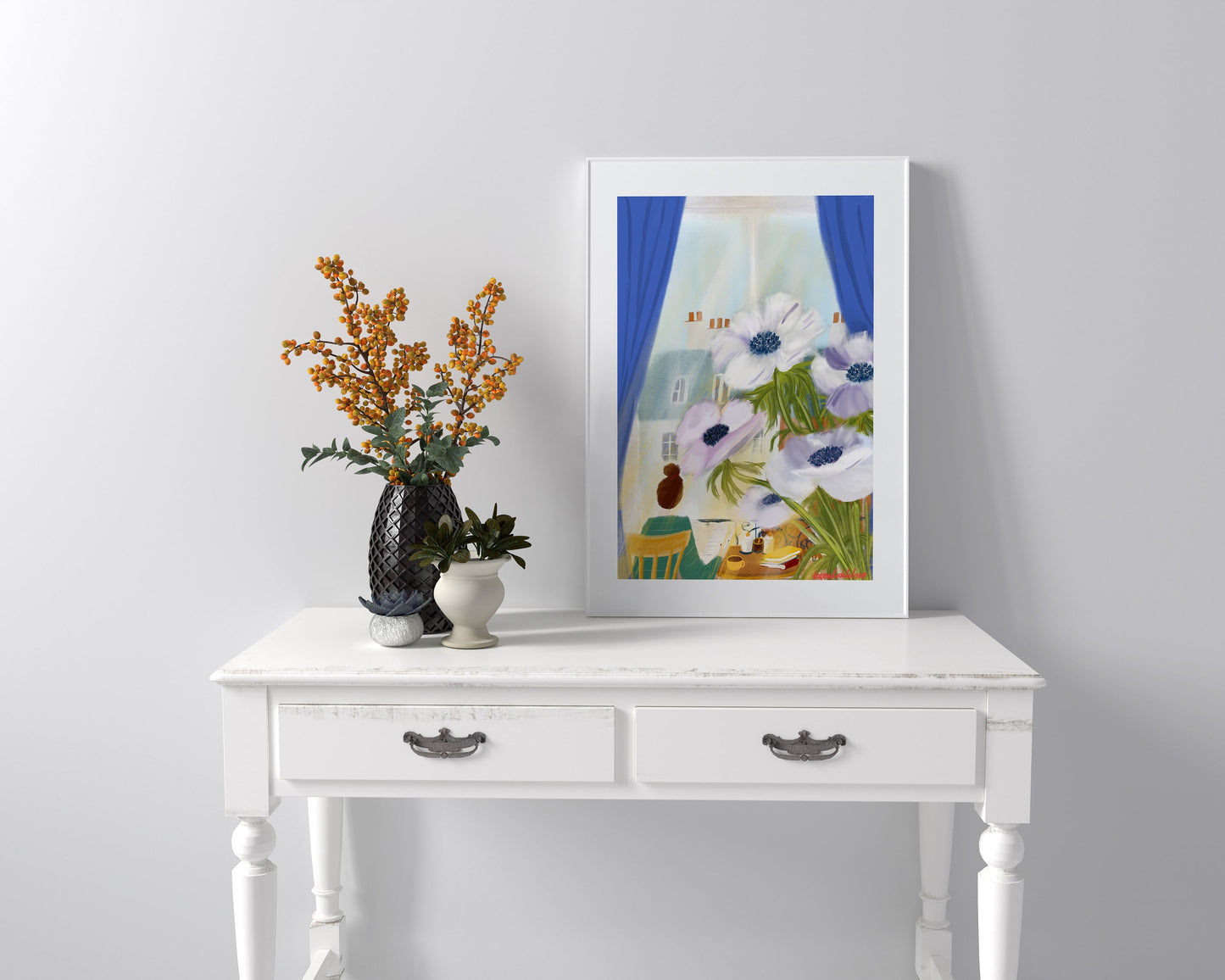 Anemone Flowers Art Print: Parisian Window View Illustration