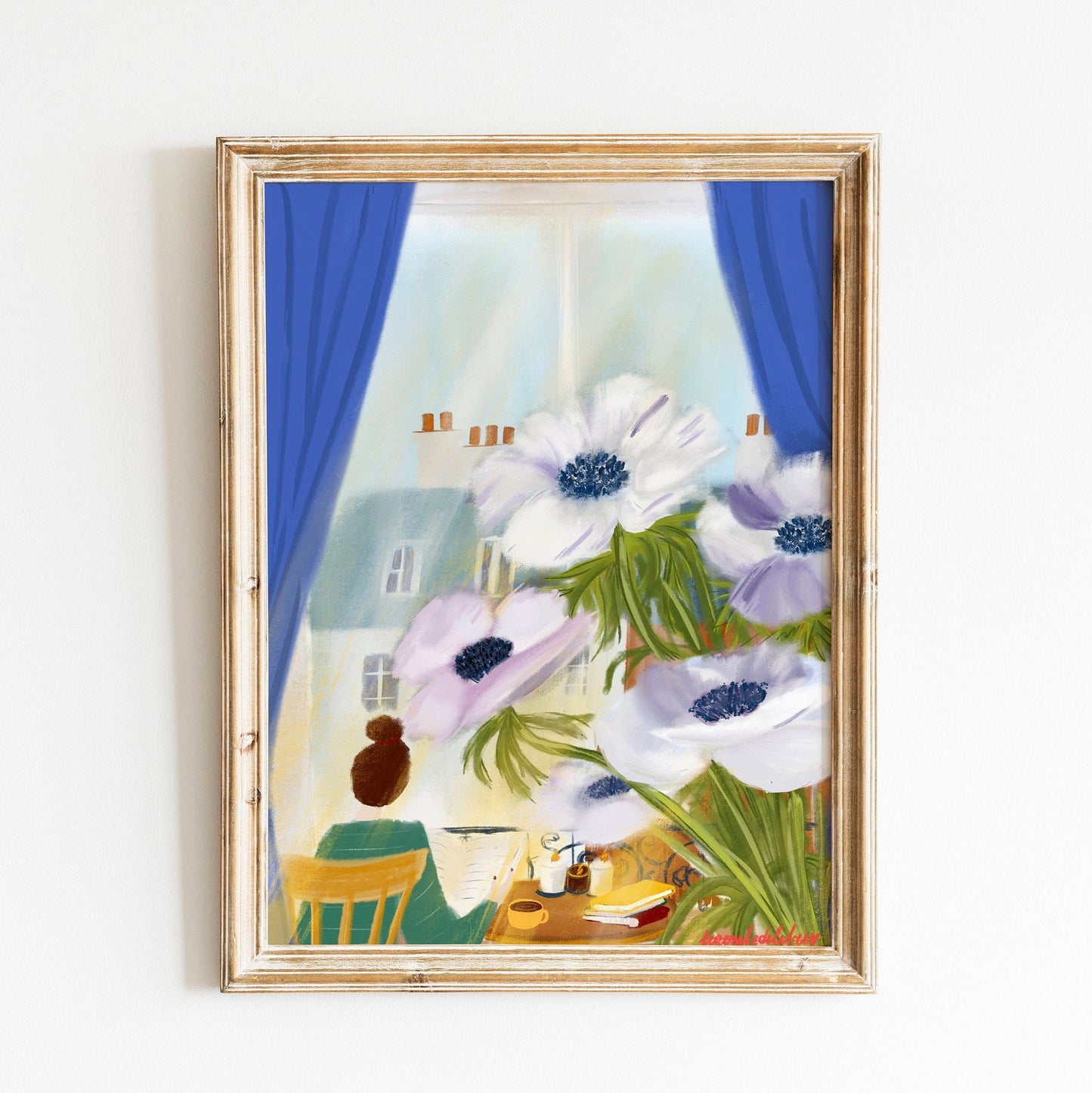 Anemone Flowers Art Print: Parisian Window View Illustration