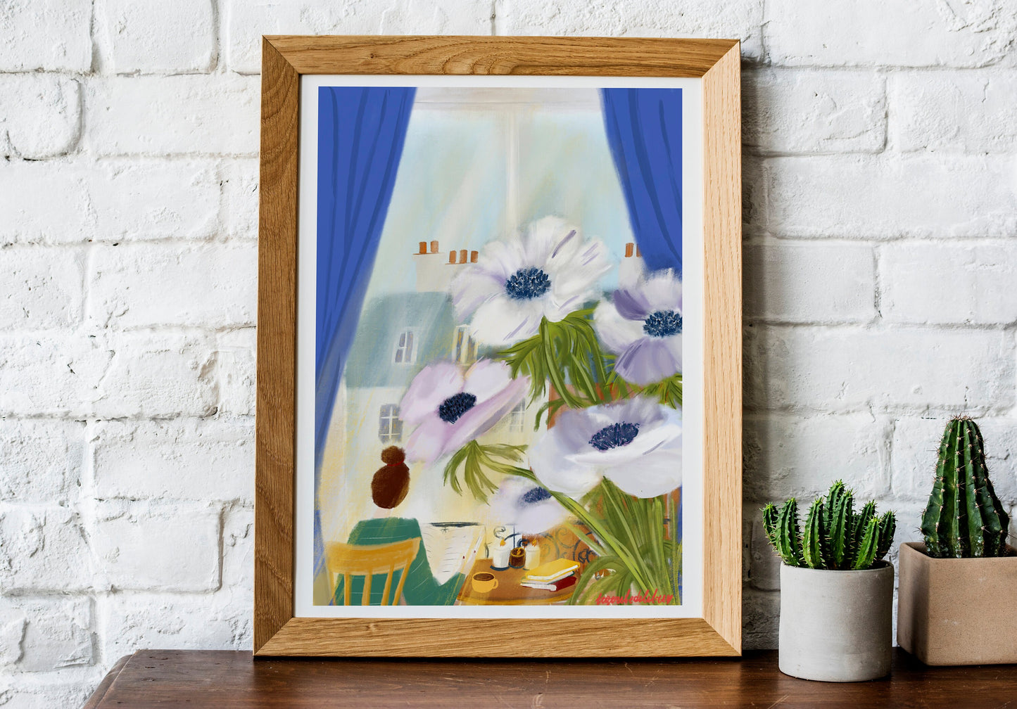 Anemone Flowers Art Print: Parisian Window View Illustration