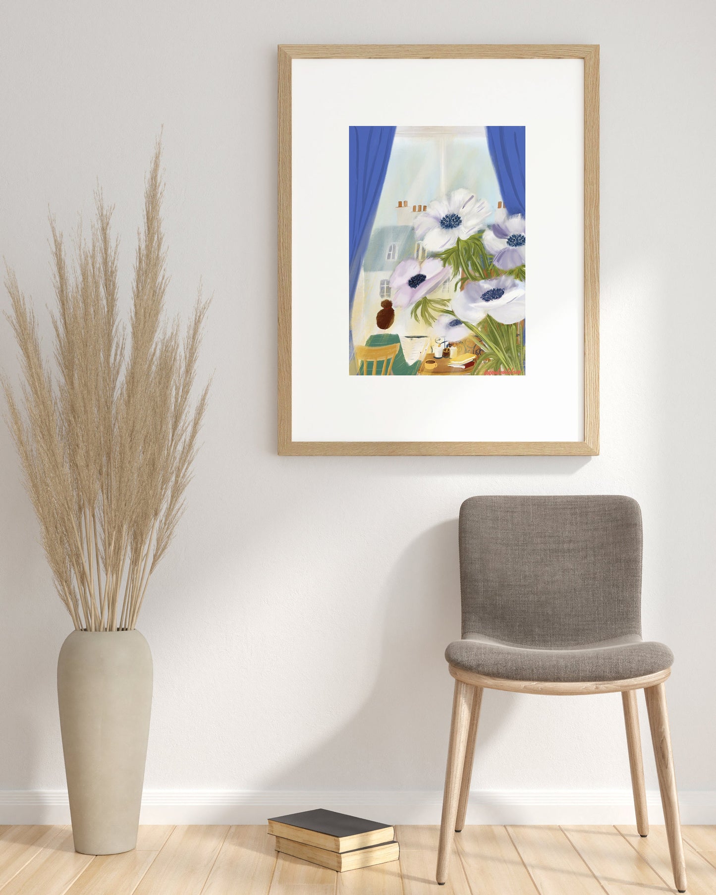 Anemone Flowers Art Print: Parisian Window View Illustration