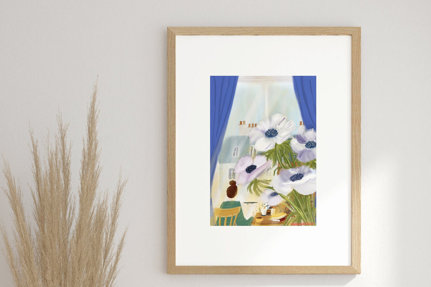 Anemone Flowers Art Print: Parisian Window View Illustration