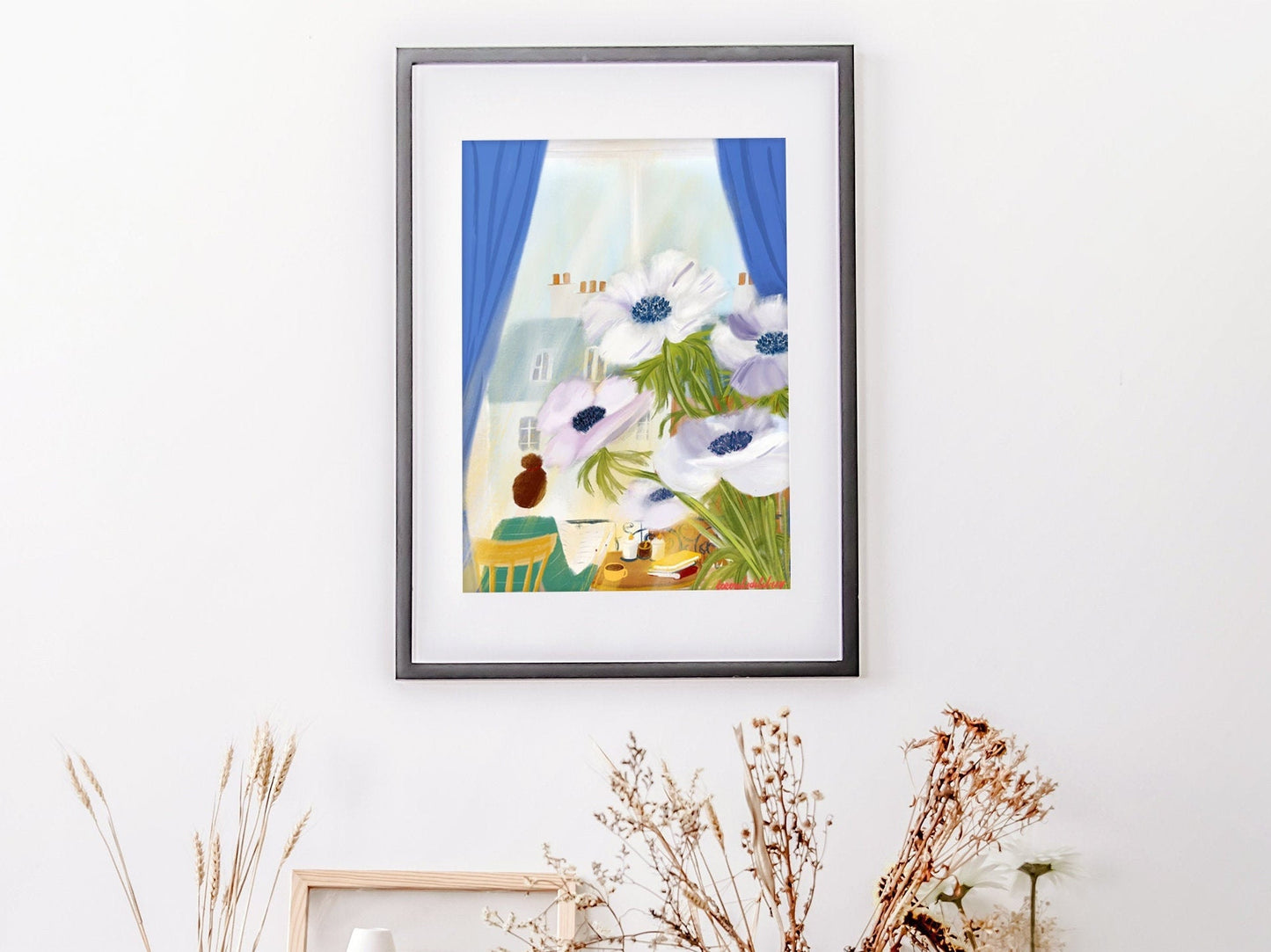Anemone Flowers Art Print: Parisian Window View Illustration