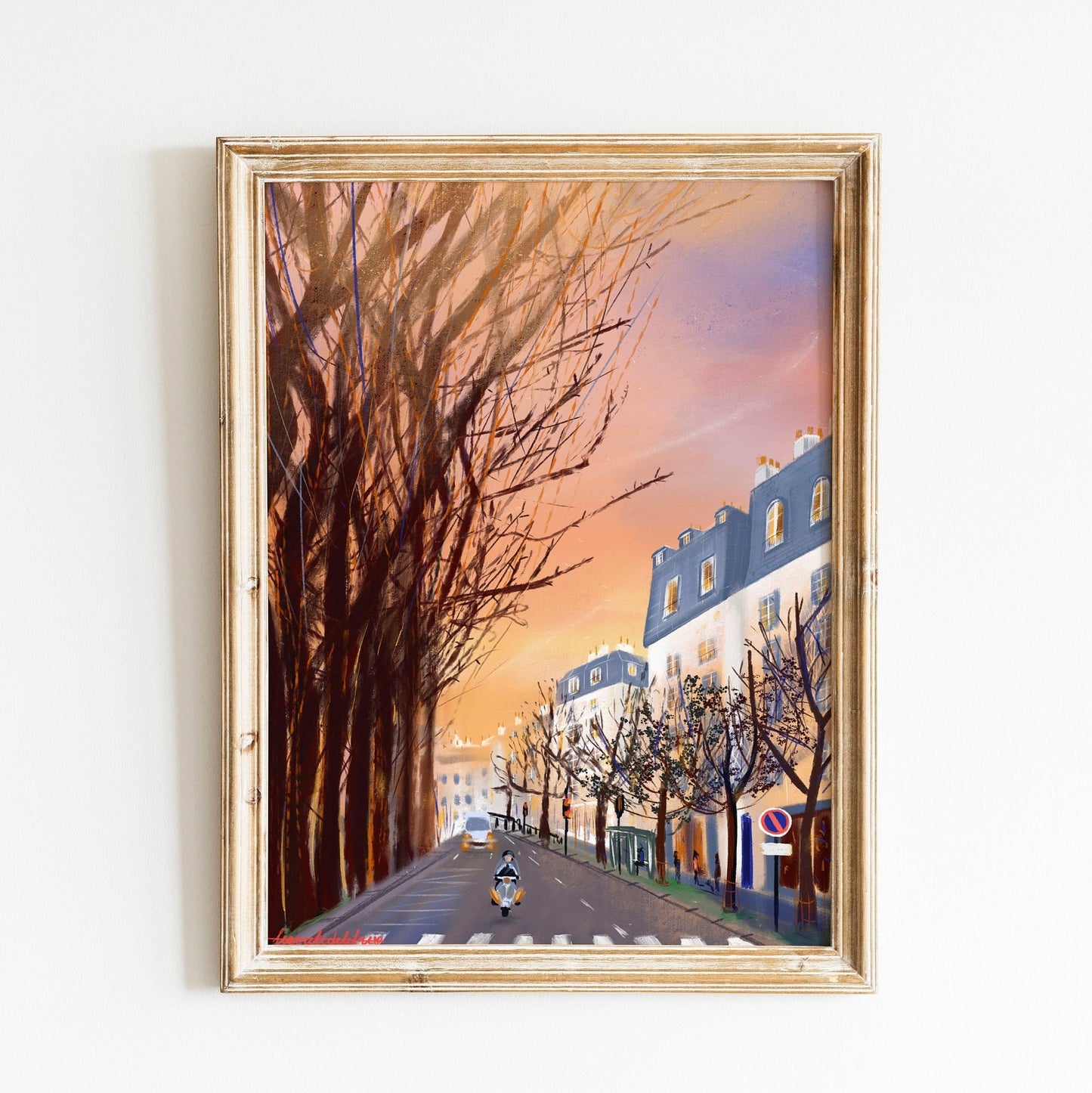 Paris Winter Sunset Art Print: Parisian Street Scene