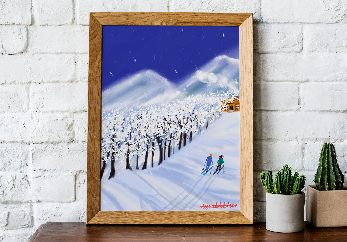 Christmas Skiers Print: Snowy Mountain Landscape Art (Digital Illustration)