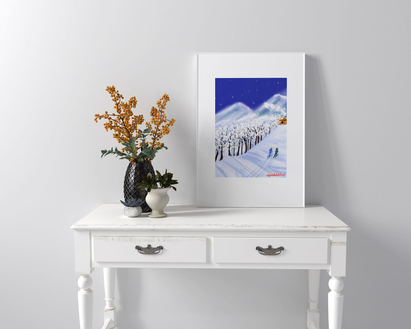 Christmas Skiers Print: Snowy Mountain Landscape Art (Digital Illustration)