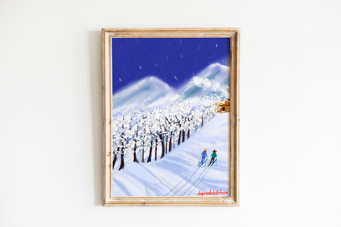 Christmas Skiers Print: Snowy Mountain Landscape Art (Digital Illustration)