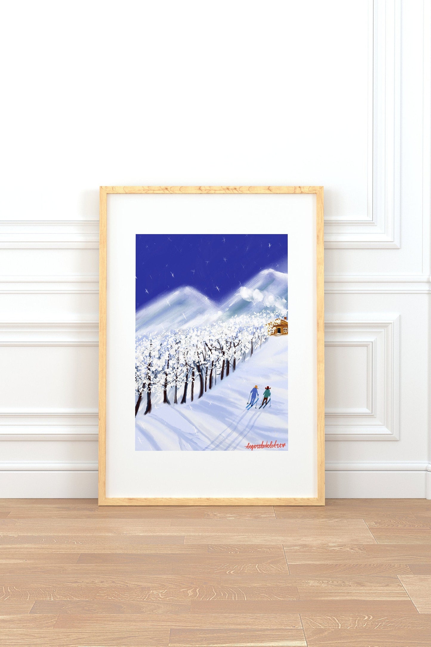 Christmas Skiers Print: Snowy Mountain Landscape Art (Digital Illustration)