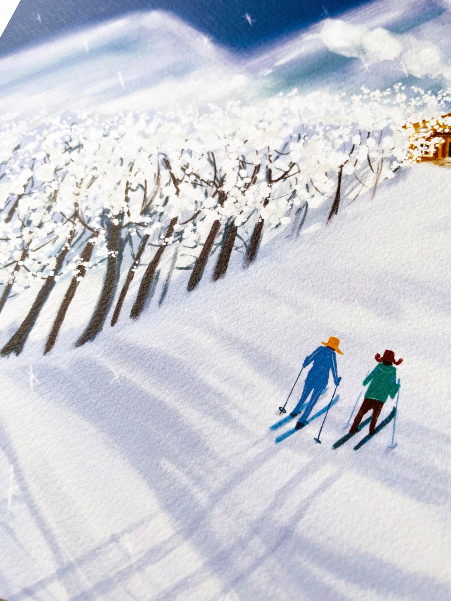 Christmas Skiers Print: Snowy Mountain Landscape Art (Digital Illustration)