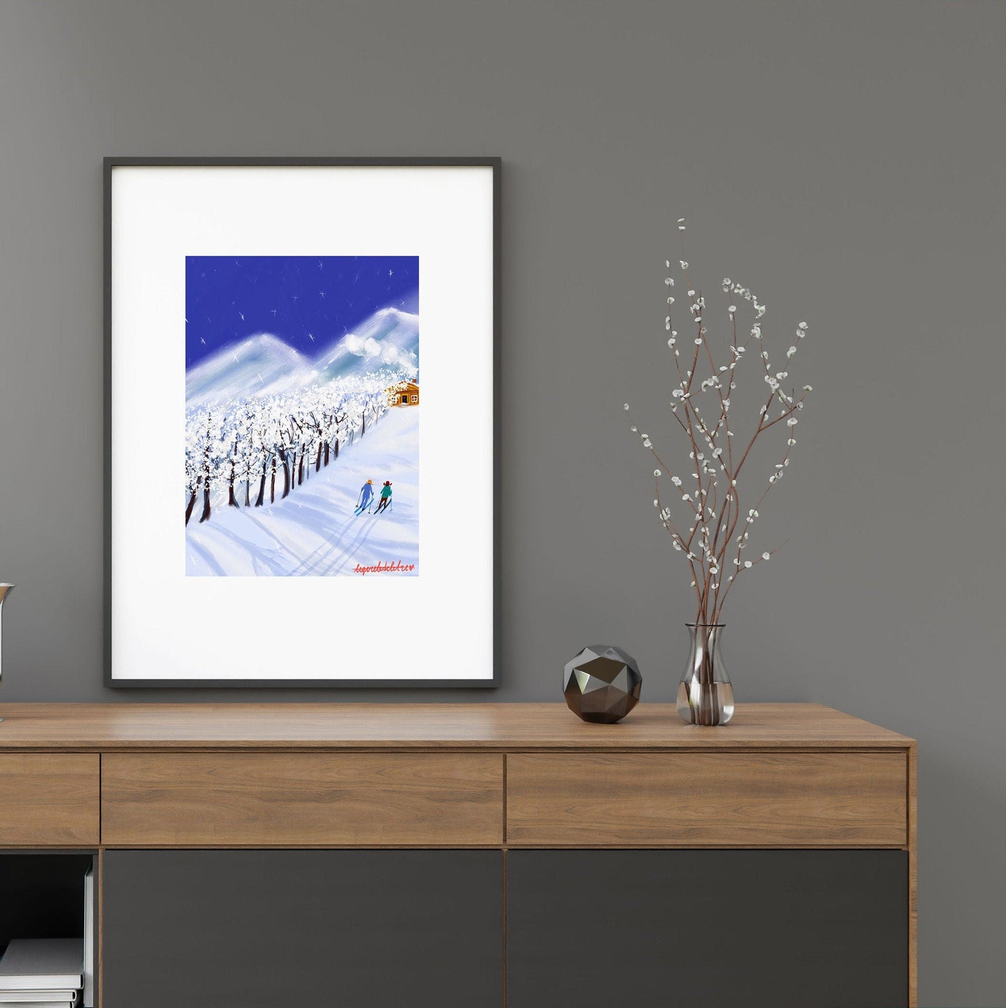 Christmas Skiers Print: Snowy Mountain Landscape Art (Digital Illustration)