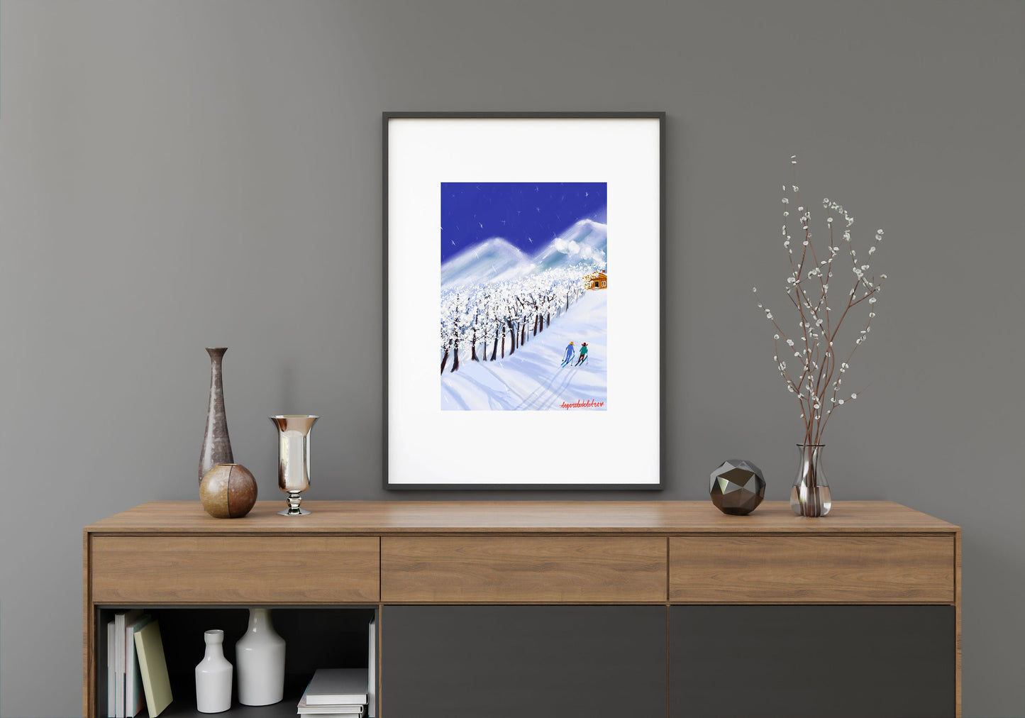 Christmas Skiers Print: Snowy Mountain Landscape Art (Digital Illustration)