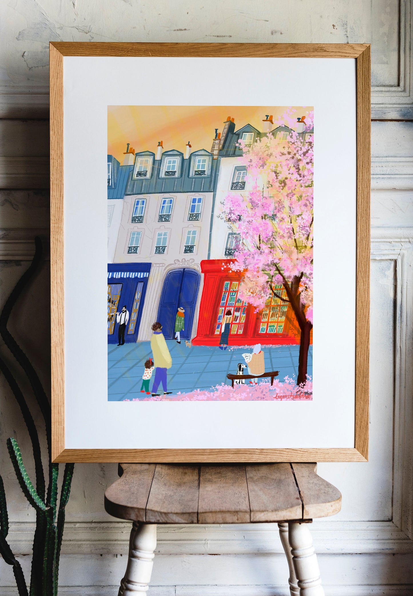 Paris Bookshop Art Print: Spring Blossoms, Golden Sunset