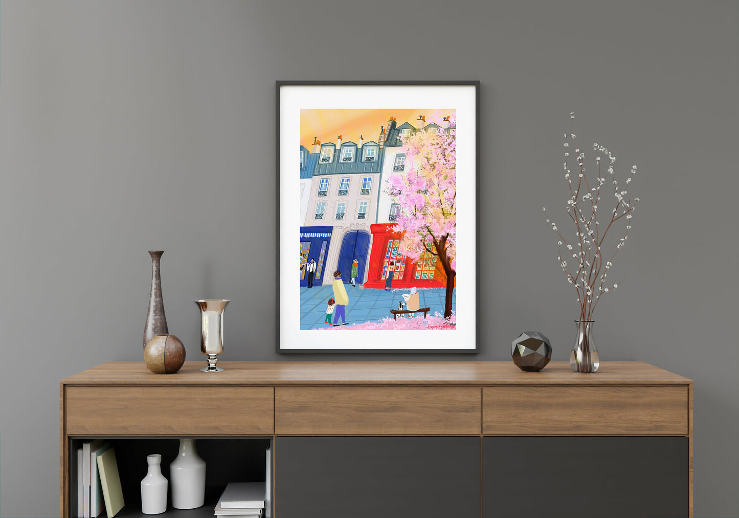 Paris Bookshop Art Print: Spring Blossoms, Golden Sunset