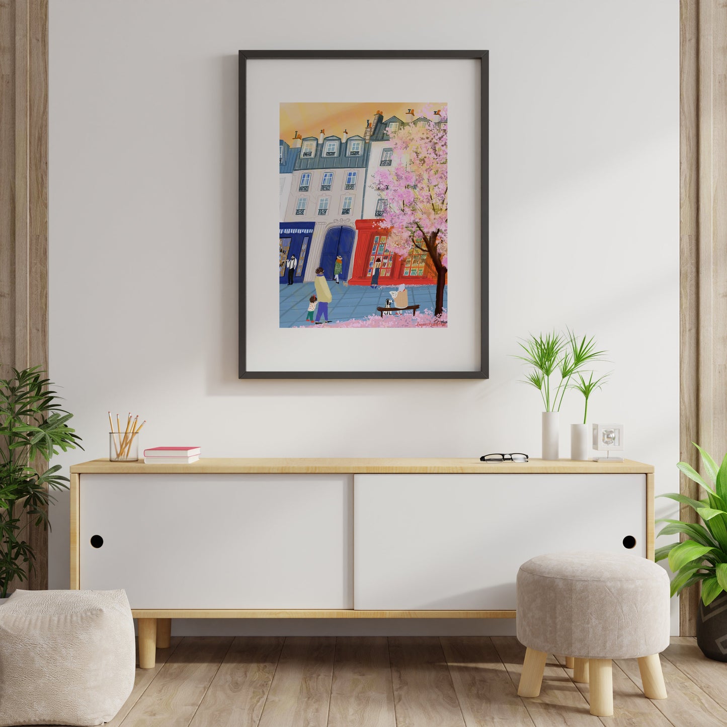 Paris Bookshop Art Print: Spring Blossoms, Golden Sunset