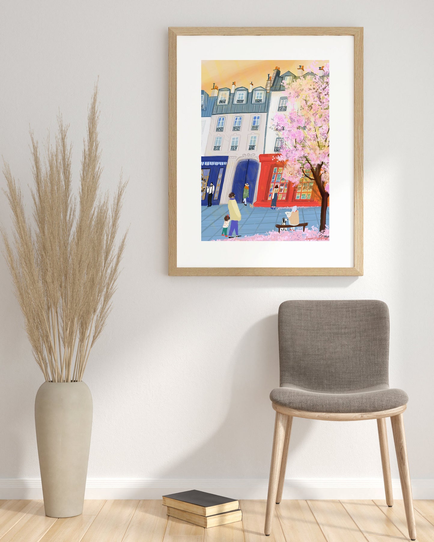 Paris Bookshop Art Print: Spring Blossoms, Golden Sunset